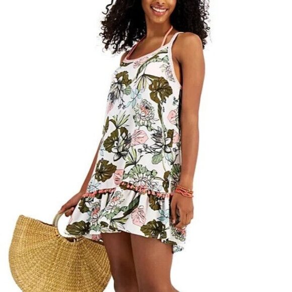 Miken Size Large Bathing Suit Cover-Up Dress Ruffled Embroidered Floral Pattern - Picture 1 of 9